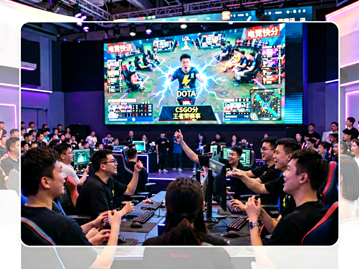 电竞场馆内观众热情观赛,大屏幕显示比赛画面